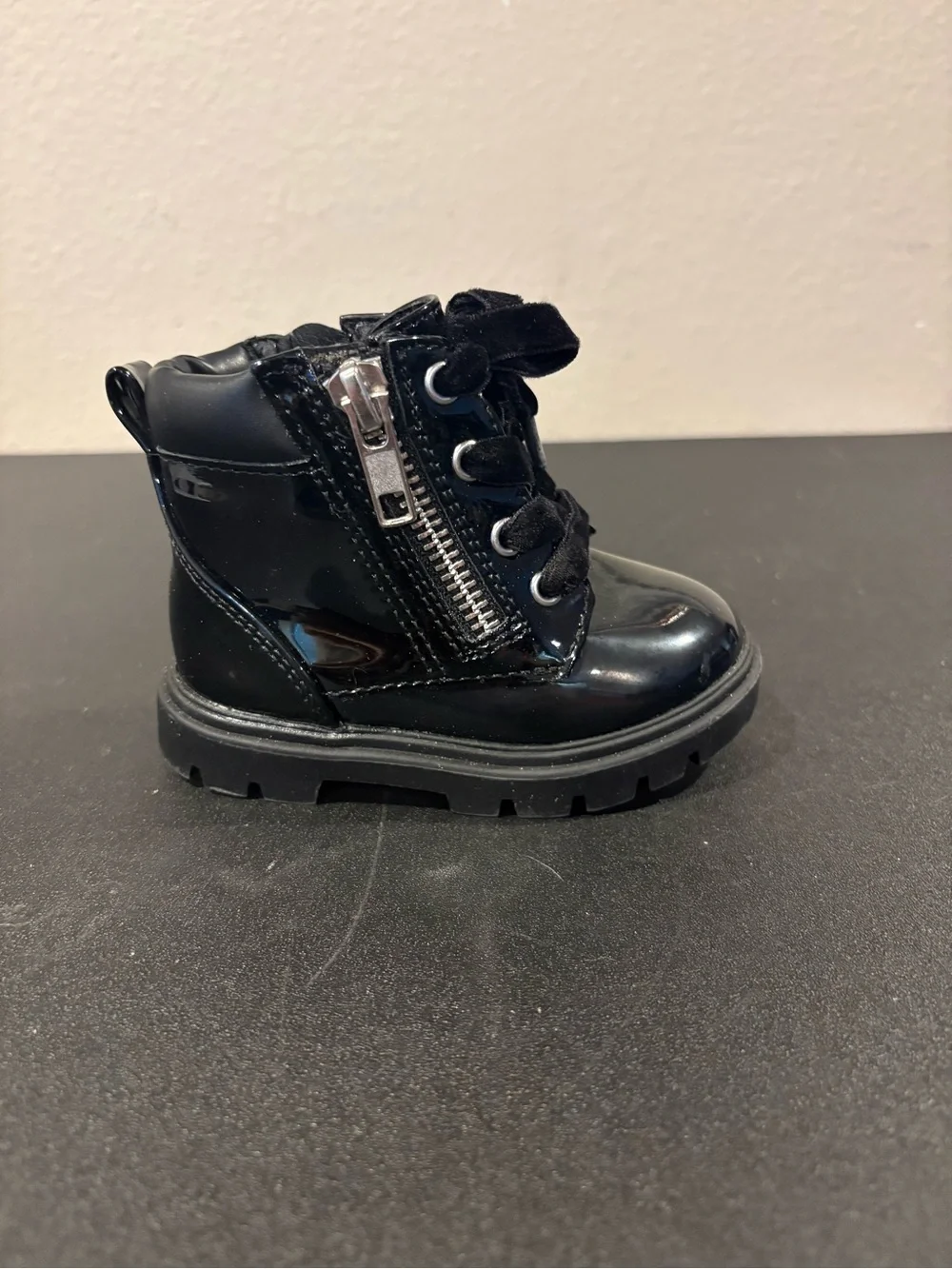 Wonder Nation Girls Boots Infant Size 4 Black Patent Leather Sparkle Zipper